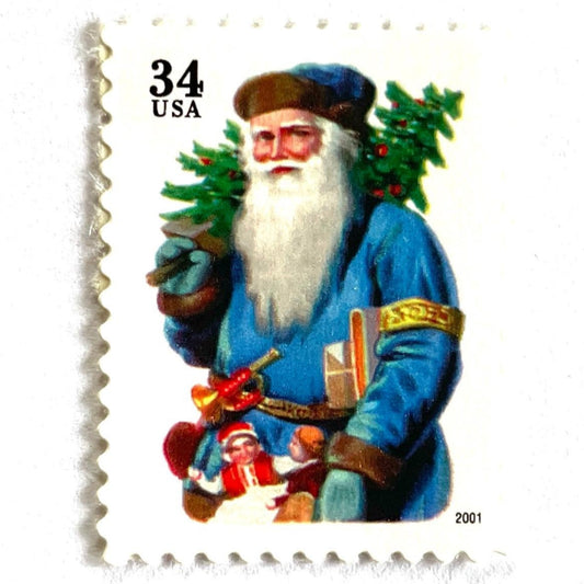 Image of 34-cent Contemporary Christmas 2001 Santa Claus Se-tenant "Santa with Horn" and blue coat USPS postage stamp featuring a relatively skinny white bearded Santa wearing a brown, hooded robe over a red suit. This jolly looking Santa is portly and jovial with a full white beard, a blue suit trimmed in gold, a blue cap, and a small horn attached to his belt. Scott #3538. Stamp themes: Christmas, holidays, winter, Santa Claus, toys, gifts, winter wedding, winter save-the-date. Blue postage stamp.