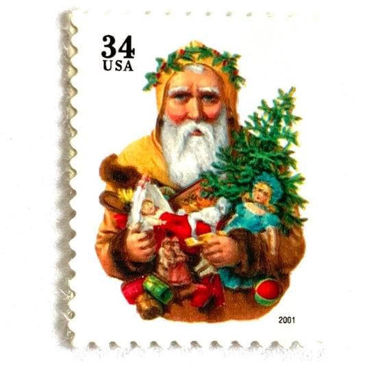 Image of 34-cent Contemporary Christmas 2001 Santa Claus Se-tenant "Santa with Dog” and Christmas Tree USPS postage stamp featuring an “old world" bearded Santa Claus shown in a long, brown, fur-trimmed robe with a hood. He wears a crown of green leaves or holly and holds an open book in one hand. He carries several traditional toys, including a toy dog, a doll, and a small Christmas tree. Scott #3540. Stamp themes: Christmas, holidays, winter, Santa Claus, toys, gifts, winter wedding, winter save-the-date.