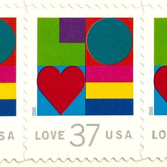 Multicolor Love postage stamp from 2002 featuring colorful abstract shapes and a heart motif on vintage unused 37-cent USPS postage, Scott 3657.