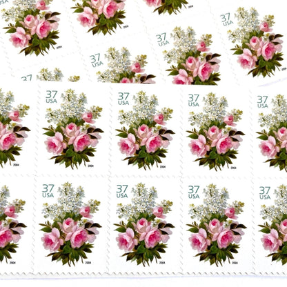 Image of 2004 Wedding Series “Garden Bouquet” unused 37-cent USPS mail stamps. Scott #3836. Stamp Themes: Flowers, Floral, Botanical, Bouquet, Wedding Bouquet, Bridal Flowers, Pastels, Victorian-era Botanical Art. Pink, White, Green, Multicolored postage stamp. Perfect postage stamp to use for save the date announcements, wedding invitation postage, shower invitations, thank you cards, valentine’s day, and snail mail.