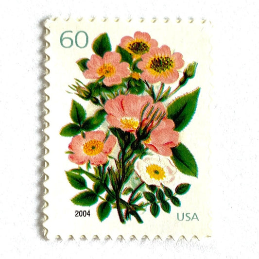 Image of 2004 Wedding Series “Garden Botanical” unused 60-cent USPS mail stamps. Scott #3837. Stamp Themes: Flowers, Floral, Botanical, Bouquet, Wedding Bouquet, Bridal Flowers, Botanical Art. Pink, Cream, Coral, Green, Multicolored postage stamp. Perfect postage stamp to use for save the date announcements, wedding invitation postage, shower invitations, thank you cards, valentine’s day, and snail mail.