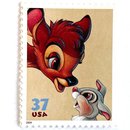 Bambi and Thumper postage stamp from 2004 featuring the beloved Disney woodland friends on vintage unused 37-cent USPS postage.