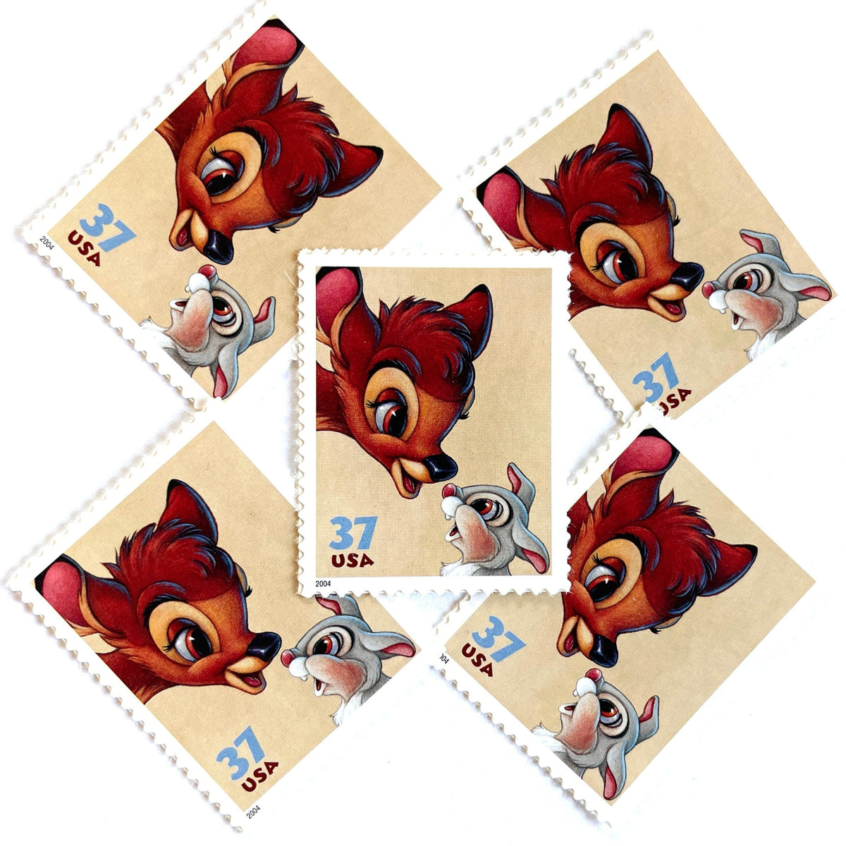 Bambi and Thumper postage stamps from 2004 featuring the beloved Disney woodland friends on vintage unused 37-cent USPS postage.