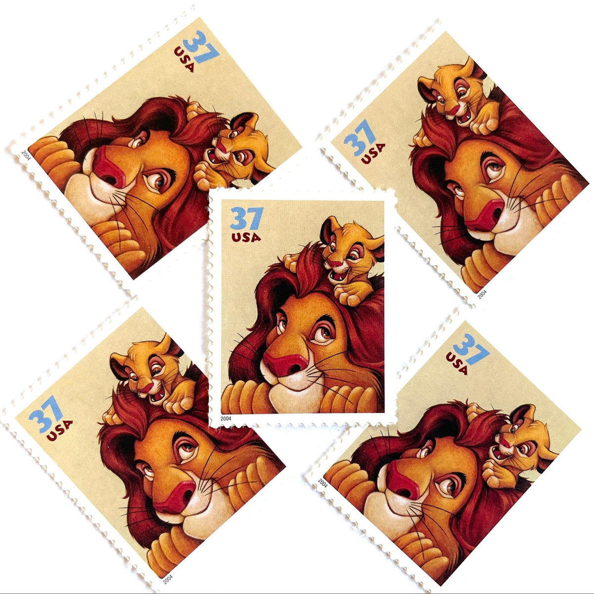 Mufasa and Simba postage stamps from 2004 featuring the father-and-son lions from The Lion King on vintage unused 37-cent USPS postage, Scott 3867.