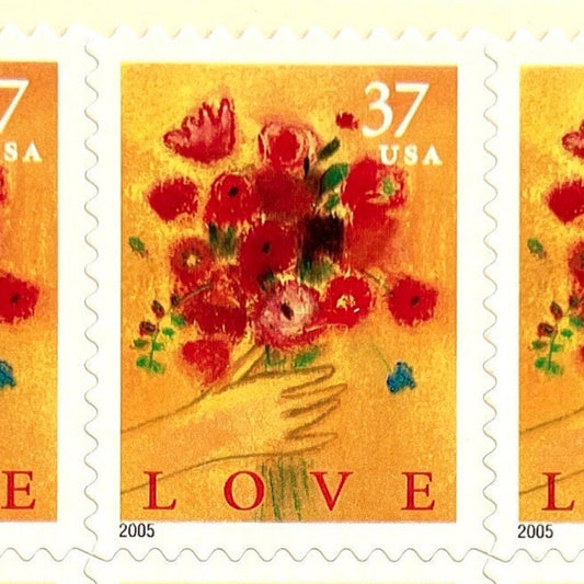Love Bouquet postage stamp from 2005 featuring a hand offering colorful spring flowers against a yellow-gold background on vintage unused 37-cent USPS postage, Scott 3898.