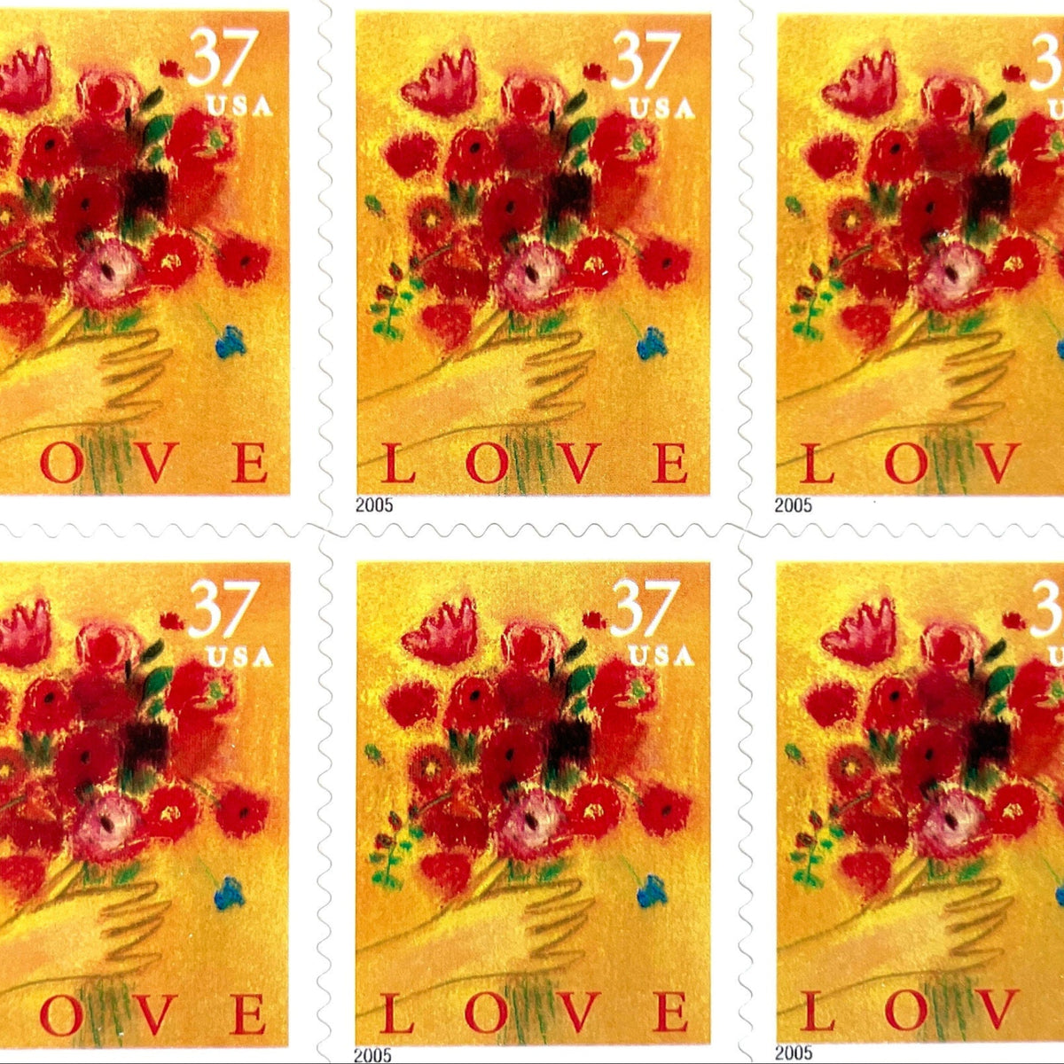 Love Bouquet postage stamps from 2005 featuring a hand offering colorful spring flowers against a yellow-gold background on vintage unused 37-cent USPS postage, Scott 3898.