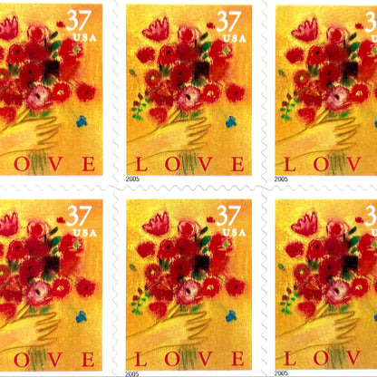 Love Bouquet postage stamps from 2005 featuring a hand offering colorful spring flowers against a yellow-gold background on vintage unused 37-cent USPS postage, Scott 3898.