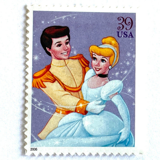 Cinderella and Prince Charming postage stamp from 2006 featuring the couple dancing at the royal ball on vintage unused 39-cent USPS postage, Scott 4026.