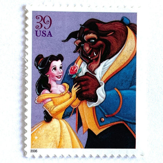 Beauty and the Beast postage stamp from 2006 featuring Belle and the Beast in a romantic Disney scene on vintage unused 39-cent USPS postage.
