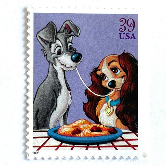 Lady and the Tramp postage stamp from 2006 featuring the romantic spaghetti dinner scene on vintage unused 39-cent USPS postage.