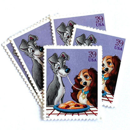 Lady and the Tramp postage stamps from 2006 featuring the romantic spaghetti dinner scene on vintage unused 39-cent USPS postage.