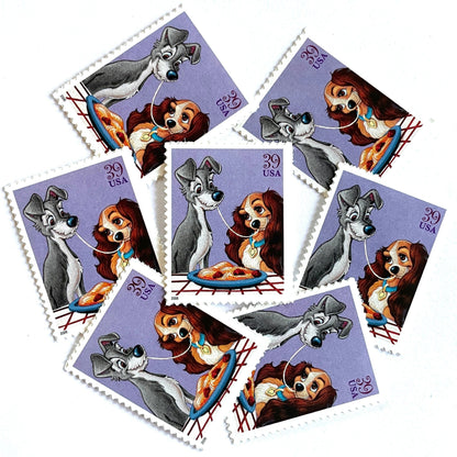 Lady and the Tramp postage stamps from 2006 featuring the romantic spaghetti dinner scene on vintage unused 39-cent USPS postage.