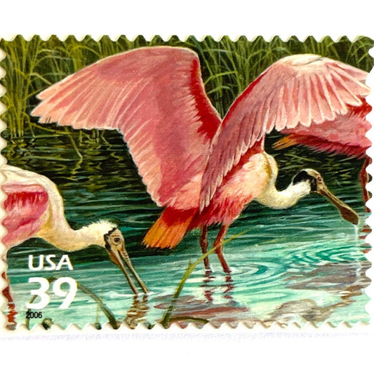 Vintage Roseate Spoonbills postage stamp from the 2006 Southern Florida Wetland issue in the Nature of America series featuring vivid pink spoonbills feeding in turquoise wetland water on unused 39-cent USPS postage, Scott 4099f.