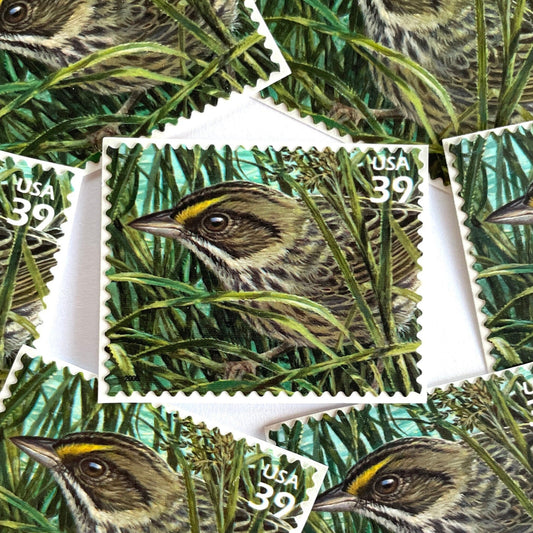Vintage Cape Sable Seaside Sparrow postage stamps from the 2006 Southern Florida Wetland issue in the Nature of America series featuring the endangered South Florida sparrow in wetland habitat on unused 39-cent USPS postage, Scott 4099h.