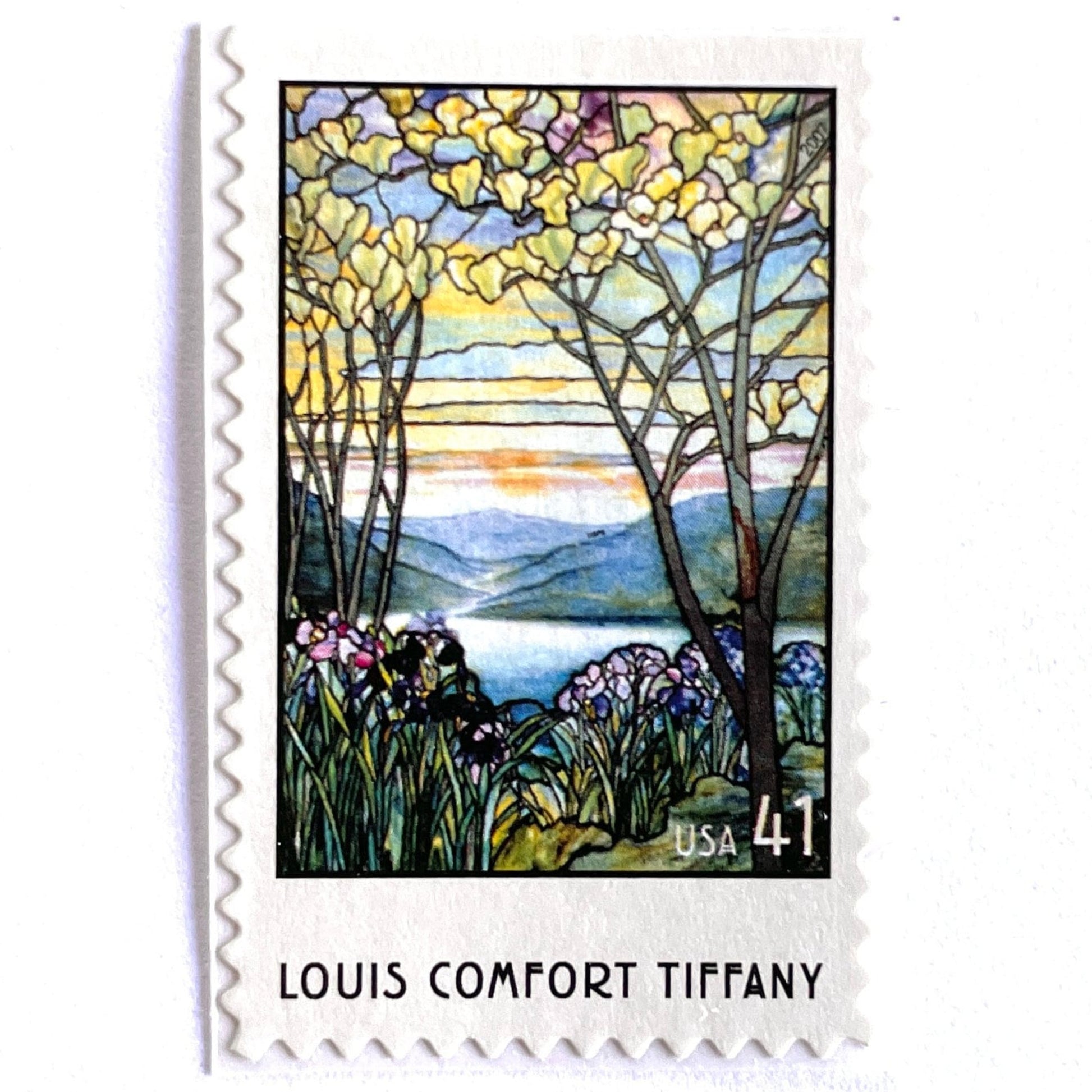 Image of 2007 American Treasures series “Louis Comfort Tiffany” (Magnolias and Irises in Stained Glass) unused 41-cent vintage USPS mail stamps. Scott #4165. Stamp Themes: Flowers, Floral, Botanical, Gardening, Nature, Tiffany Stained Glass. Purple, Blue, White, Multicolored self-adhesive postage stamp. Perfect postage stamp to use for save the date announcements, wedding invitation postage, bridal shower invitations, birth announcements, thank you cards, valentine’s day, and snail mail.