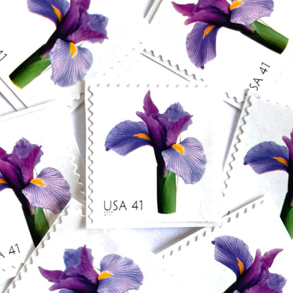 Image of 2007 Beautiful Blooms series “Iris” unused 41-cent vintage USPS mail stamps. Scott #4178. Stamp Themes: Flowers, Floral, Botanical, Fragrant, Gardening, Nature. Purple, Green, Multicolored self-adhesive postage stamp. Perfect postage stamp to use for save the date announcements, wedding invitation postage, bridal shower invitations, birth announcements, thank you cards, valentine’s day, and snail mail.