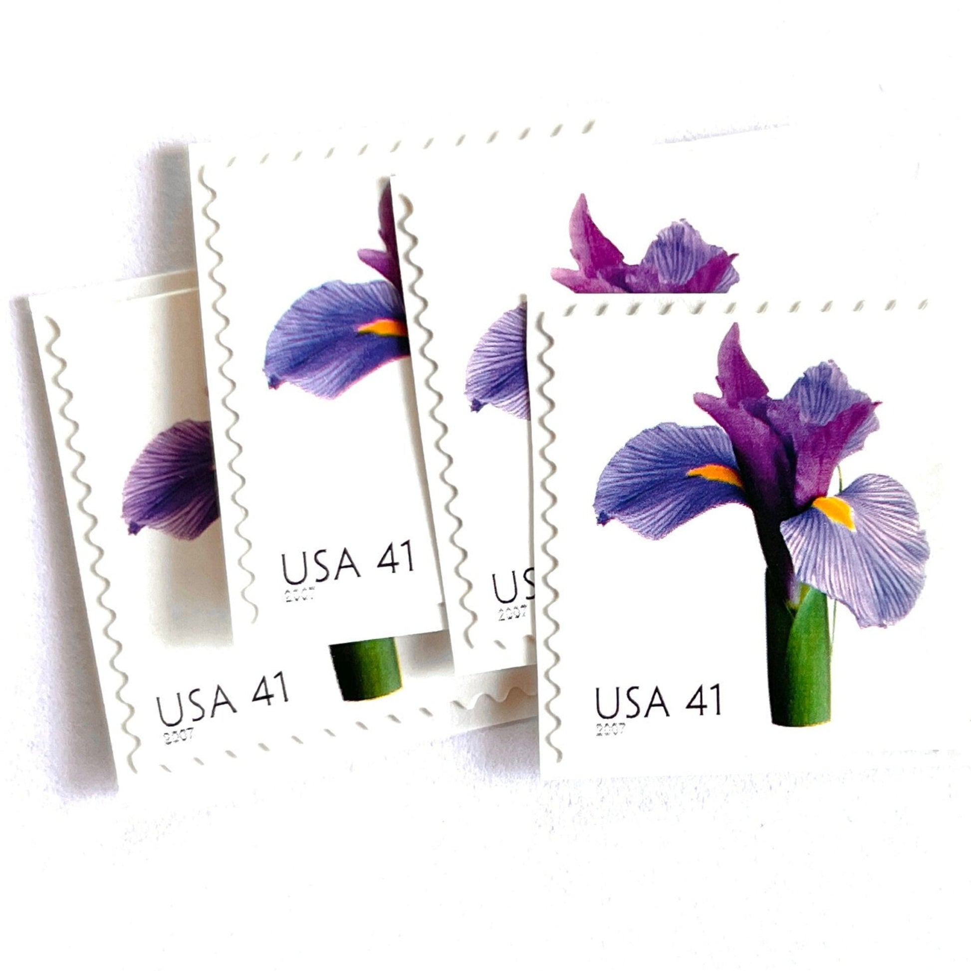 Image of 2007 Beautiful Blooms series “Iris” unused 41-cent vintage USPS mail stamps. Scott #4178. Stamp Themes: Flowers, Floral, Botanical, Fragrant, Gardening, Nature. Purple, Green, Multicolored self-adhesive postage stamp. Perfect postage stamp to use for save the date announcements, wedding invitation postage, bridal shower invitations, birth announcements, thank you cards, valentine’s day, and snail mail.