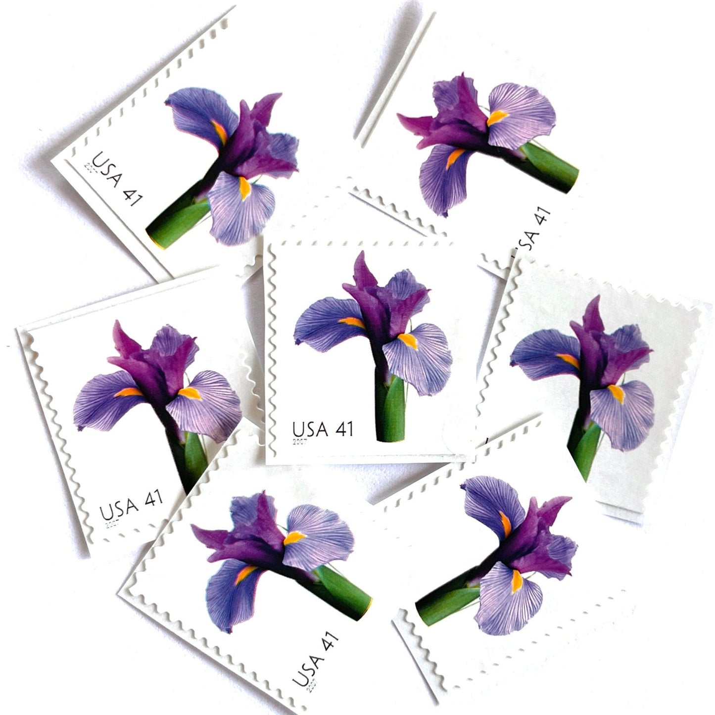 Image of 2007 Beautiful Blooms series “Iris” unused 41-cent vintage USPS mail stamps. Scott #4178. Stamp Themes: Flowers, Floral, Botanical, Fragrant, Gardening, Nature. Purple, Green, Multicolored self-adhesive postage stamp. Perfect postage stamp to use for save the date announcements, wedding invitation postage, bridal shower invitations, birth announcements, thank you cards, valentine’s day, and snail mail.