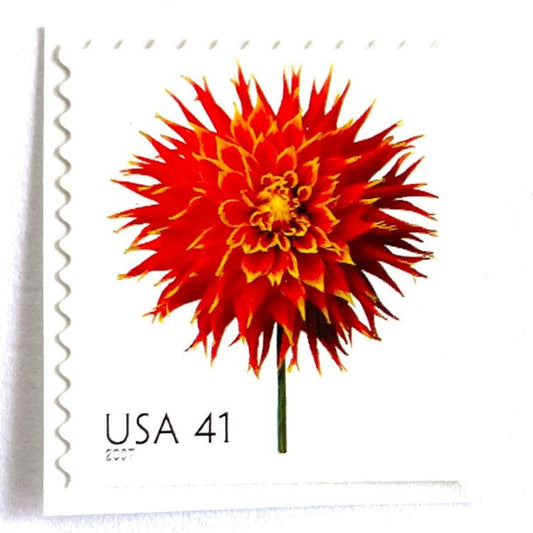 Image of 2007 Beautiful Blooms series “Dahlia” unused 41-cent vintage USPS mail stamps. Scott #4179. Stamp Themes: Flowers, Floral, Botanical, Fragrant, Gardening, Nature. Red, Green, Multicolored self-adhesive postage stamp. Perfect postage stamp to use for save the date announcements, wedding invitation postage, bridal shower invitations, birth announcements, thank you cards, valentine’s day, and snail mail.