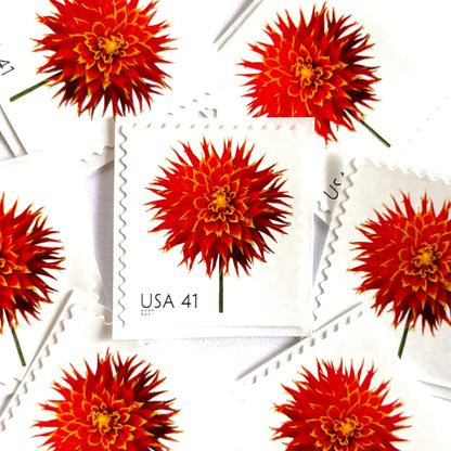 Image of 2007 Beautiful Blooms series “Dahlia” unused 41-cent vintage USPS mail stamps. Scott #4179. Stamp Themes: Flowers, Floral, Botanical, Fragrant, Gardening, Nature. Red, Green, Multicolored self-adhesive postage stamp. Perfect postage stamp to use for save the date announcements, wedding invitation postage, bridal shower invitations, birth announcements, thank you cards, valentine’s day, and snail mail.