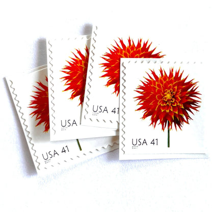 Image of 2007 Beautiful Blooms series “Dahlia” unused 41-cent vintage USPS mail stamps. Scott #4179. Stamp Themes: Flowers, Floral, Botanical, Fragrant, Gardening, Nature. Red, Green, Multicolored self-adhesive postage stamp. Perfect postage stamp to use for save the date announcements, wedding invitation postage, bridal shower invitations, birth announcements, thank you cards, valentine’s day, and snail mail.
