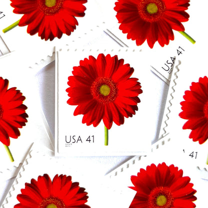 Image of 2007 Beautiful Blooms series “Red Gerbera Daisy” unused 41-cent vintage USPS mail stamps. Scott #4181. Stamp Themes: Flowers, Floral, Botanical, Fragrant, Gardening, Nature. Red, Green, Multicolored self-adhesive postage stamp. Perfect postage stamp to use for save the date announcements, wedding invitation postage, bridal shower invitations, birth announcements, thank you cards, valentine’s day, and snail mail.