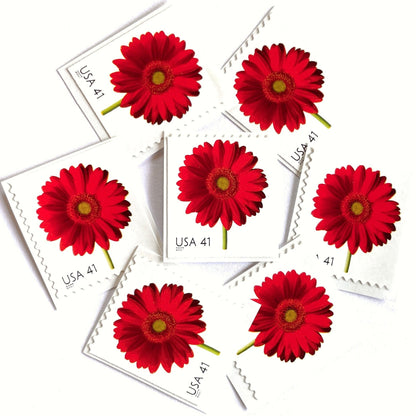 Image of 2007 Beautiful Blooms series “Red Gerbera Daisy” unused 41-cent vintage USPS mail stamps. Scott #4181. Stamp Themes: Flowers, Floral, Botanical, Fragrant, Gardening, Nature. Red, Green, Multicolored self-adhesive postage stamp. Perfect postage stamp to use for save the date announcements, wedding invitation postage, bridal shower invitations, birth announcements, thank you cards, valentine’s day, and snail mail.