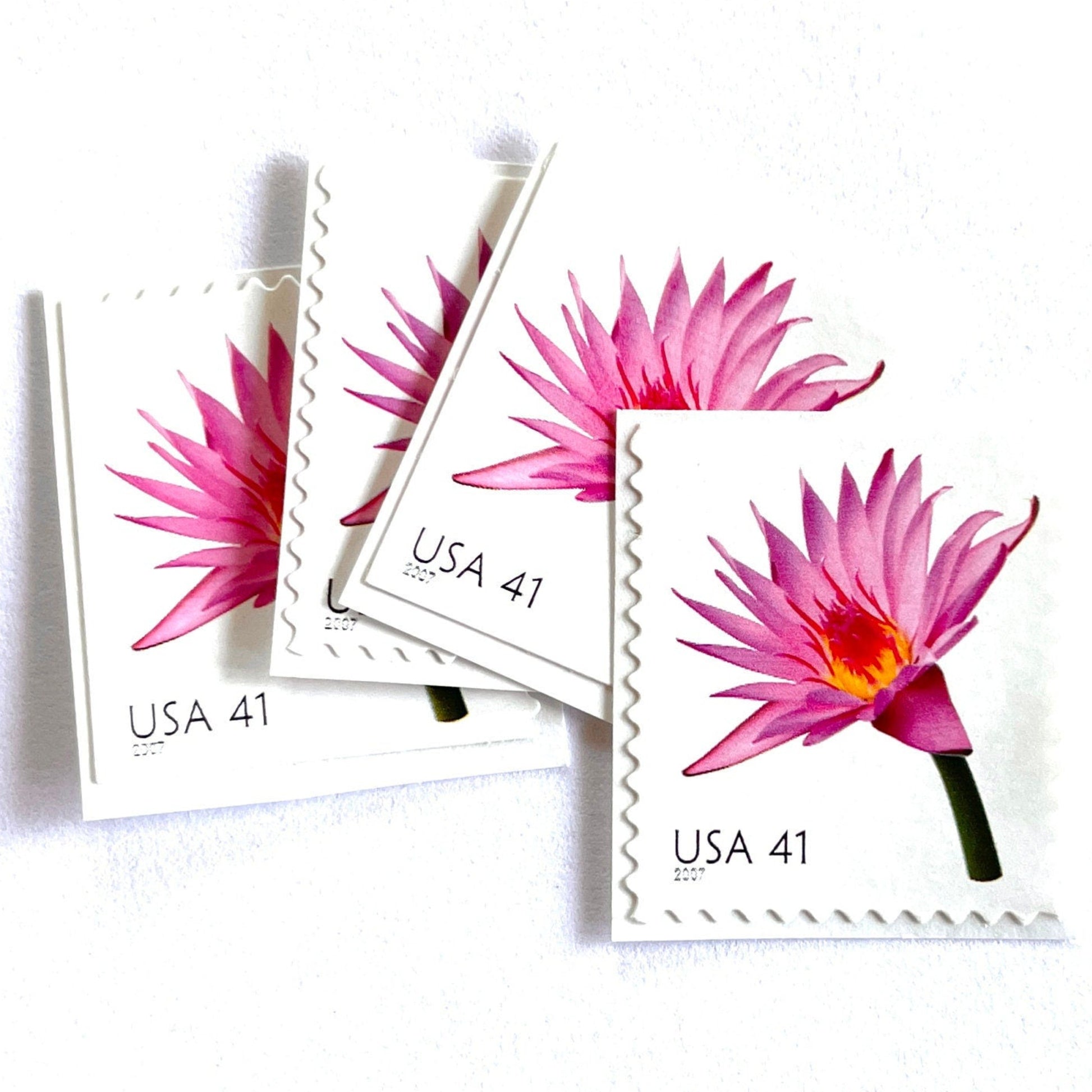 Image of 2007 Beautiful Blooms series “Water Lily” unused 41-cent vintage USPS mail stamps. Scott #4182. Stamp Themes: Aquatic Plants, Flowers, Floral, Botanical, Fragrant, Gardening, Nature. Pink, Orange, Green, Multicolored self-adhesive postage stamp. Perfect postage stamp to use for save the date announcements, wedding invitation postage, bridal shower invitations, birth announcements, thank you cards, valentine’s day, and snail mail.