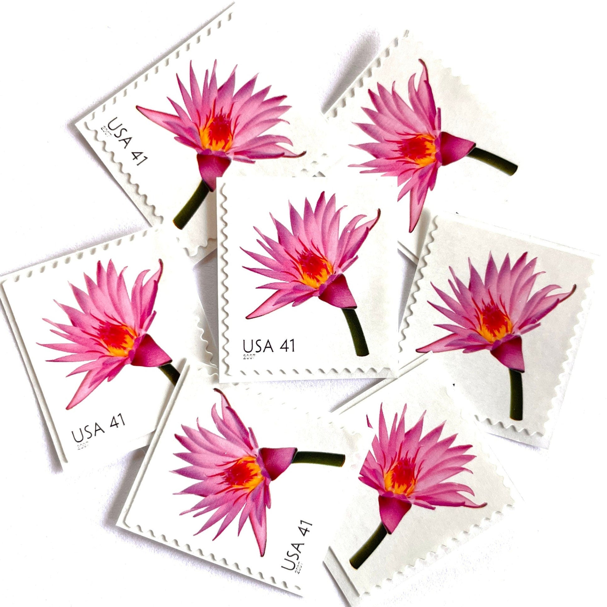 Image of 2007 Beautiful Blooms series “Water Lily” unused 41-cent vintage USPS mail stamps. Scott #4182. Stamp Themes: Aquatic Plants, Flowers, Floral, Botanical, Fragrant, Gardening, Nature. Pink, Orange, Green, Multicolored self-adhesive postage stamp. Perfect postage stamp to use for save the date announcements, wedding invitation postage, bridal shower invitations, birth announcements, thank you cards, valentine’s day, and snail mail.