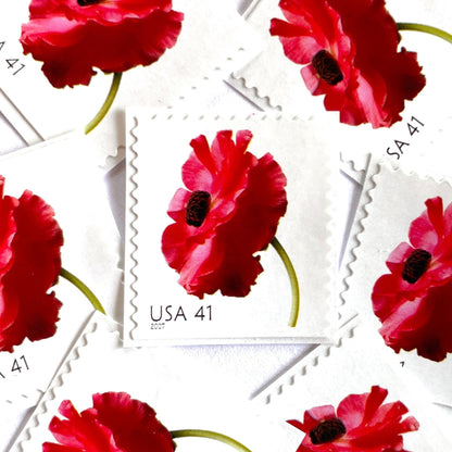 Image of 2007 Beautiful Blooms series “Poppy” unused 41-cent vintage USPS mail stamps. Scott #4183. Stamp Themes: Flowers, Floral, Botanical, Fragrant, Gardening, Nature. Red, Green, Multicolored self-adhesive postage stamp. Perfect postage stamp to use for save the date announcements, wedding invitation postage, bridal shower invitations, birth announcements, thank you cards, valentine’s day, and snail mail.