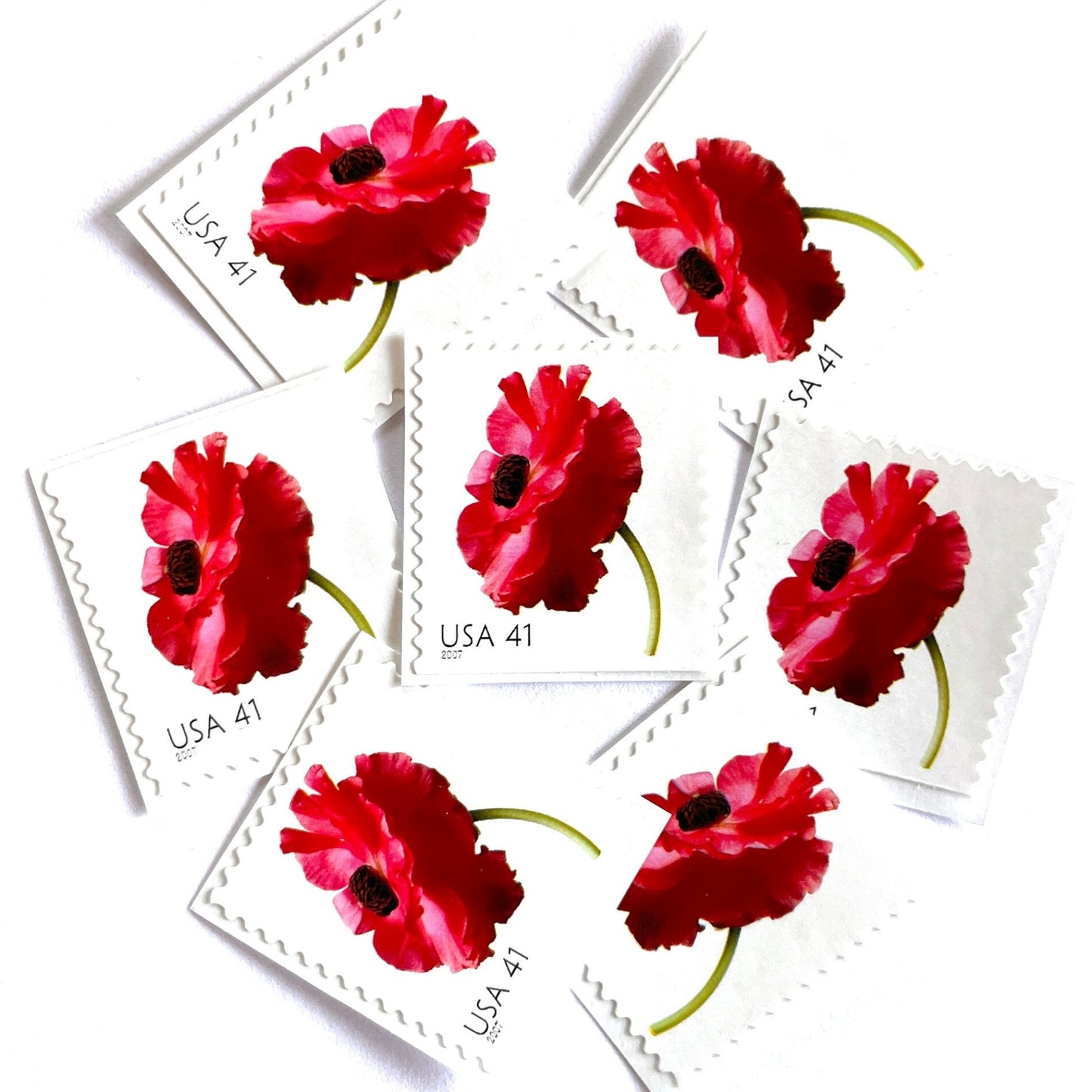 Image of 2007 Beautiful Blooms series “Poppy” unused 41-cent vintage USPS mail stamps. Scott #4183. Stamp Themes: Flowers, Floral, Botanical, Fragrant, Gardening, Nature. Red, Green, Multicolored self-adhesive postage stamp. Perfect postage stamp to use for save the date announcements, wedding invitation postage, bridal shower invitations, birth announcements, thank you cards, valentine’s day, and snail mail.