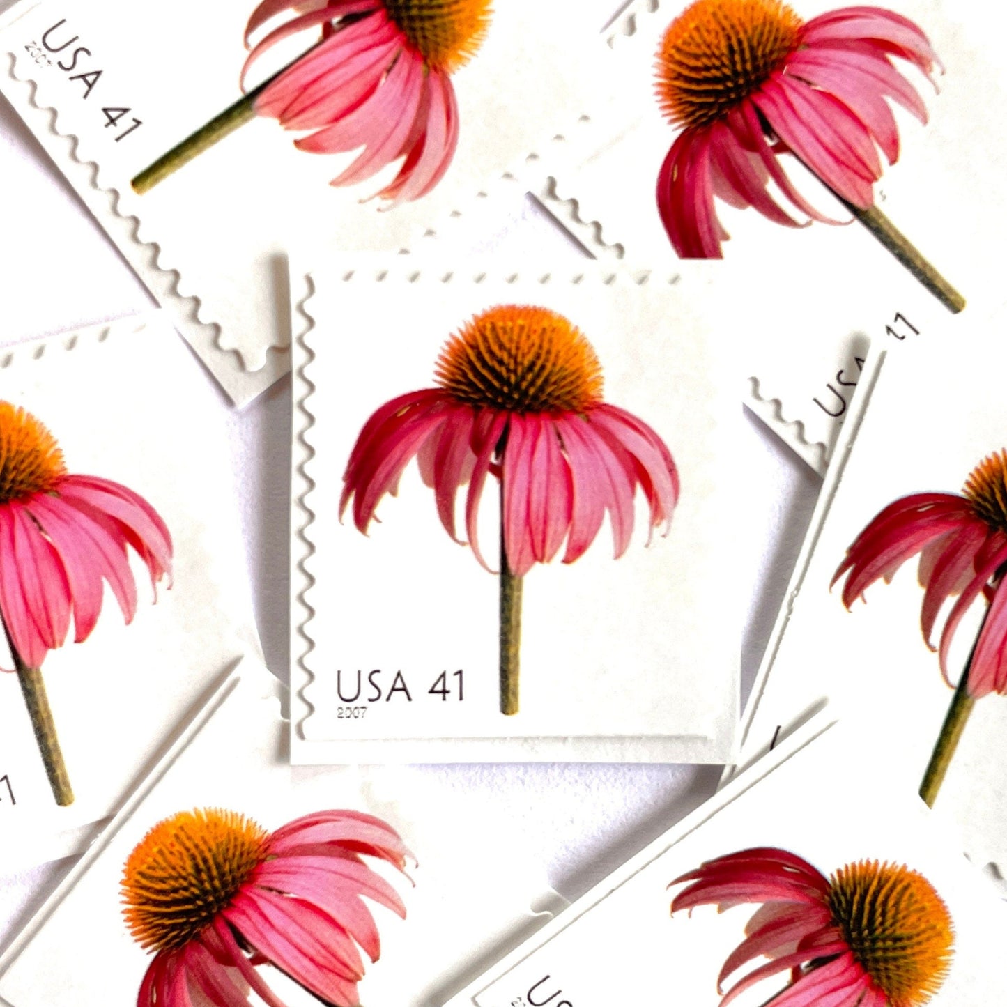 Image of 2007 Beautiful Blooms series “Coneflower” unused 41-cent vintage USPS mail stamps. Scott #4184. Stamp Themes: Flowers, Floral, Botanical, Fragrant, Gardening, Nature. Pink, Orange, Green, Multicolored self-adhesive postage stamp. Perfect postage stamp to use for save the date announcements, wedding invitation postage, bridal shower invitations, birth announcements, thank you cards, valentine’s day, and snail mail.