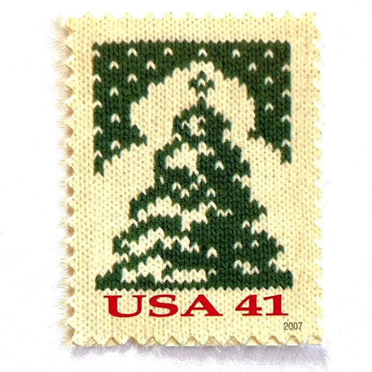 Image of 41-cent Contemporary Christmas Holiday Knits Christmas Tree USPS postage stamp featuring a green tree on white background. Scott #4208. Themes: Christmas, Holidays, Winter, Christmas Tree, Conifer, Evergreen, Green and White Stamp.