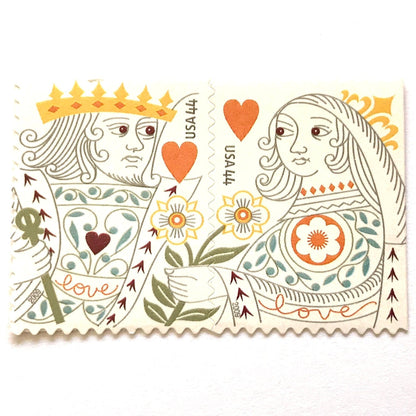 King & Queen of Hearts postage stamp set from 2009 featuring coordinating King and Queen playing-card designs on two vintage unused 44-cent USPS Love stamps, Scott 4404 & 4405.