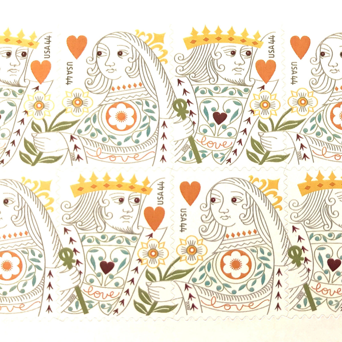 King & Queen of Hearts postage stamp sets from 2009 featuring coordinating King and Queen playing-card designs on two vintage unused 44-cent USPS Love stamps, Scott 4404 & 4405.