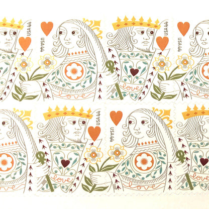 King & Queen of Hearts postage stamp sets from 2009 featuring coordinating King and Queen playing-card designs on two vintage unused 44-cent USPS Love stamps, Scott 4404 & 4405.
