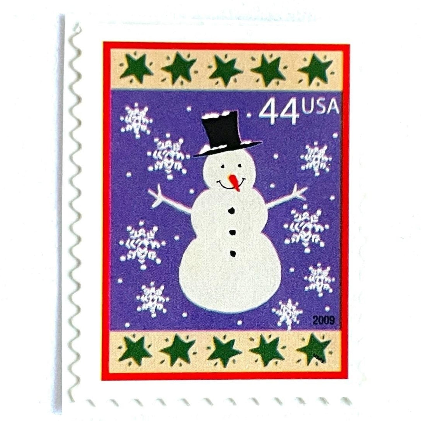 Image of 44-cent Contemporary Christmas Winter Holidays Snowman USPS postage stamp featuring a white snowman and snowflakes against a purple background with a design reminiscent of Christmas wrapping paper. Scott #4426. Stamp themes: Christmas, holidays, winter, snow, snowflakes, winter wedding, winter save-the-date. Purple postage stamp.