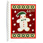 Image of 44-cent Contemporary Christmas Winter Holidays Gingerbread Man USPS postage stamp featuring a beige gingerbread man and snowflakes against a red background with a design reminiscent of Christmas wrapping paper. Scott #4427. Stamp themes: Christmas, holidays, winter, snowflakes, baking, icing, cookies, winter wedding, winter save-the-date. Red postage stamp.
