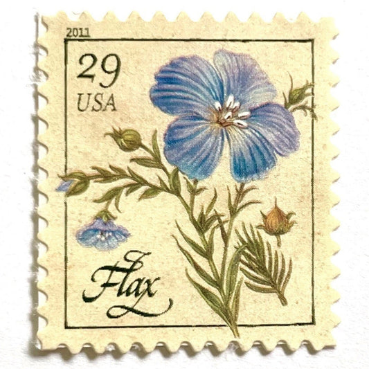 Image of 2011 Herbs Series “Flax” unused 29-cent USPS mail stamps. Scott #4506. Stamp Themes: Herbs, Medicinal, Culinary, Cooking, Flowers, Wildflowers, Floral, Botanical, Fragrant, Mediterranean. Blue, Green, Beige/Neutral, Multicolored self-adhesive postage stamp. Perfect postage stamp to use for save the date announcements, wedding invitation postage, shower invitations, birth announcements, thank you cards, valentine’s day, and snail mail.