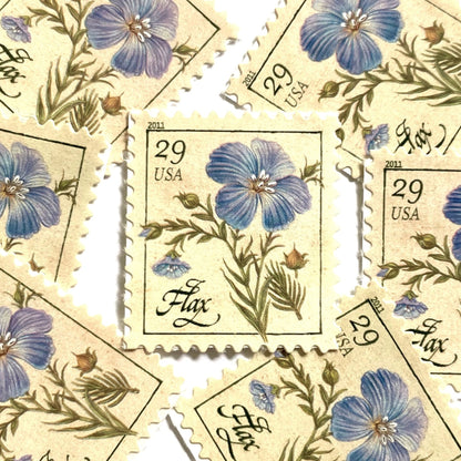 Image of 2011 Herbs Series “Flax” unused 29-cent USPS mail stamps. Scott #4506. Stamp Themes: Herbs, Medicinal, Culinary, Cooking, Flowers, Wildflowers, Floral, Botanical, Fragrant, Mediterranean. Blue, Green, Beige/Neutral, Multicolored self-adhesive postage stamp. Perfect postage stamp to use for save the date announcements, wedding invitation postage, shower invitations, birth announcements, thank you cards, valentine’s day, and snail mail.