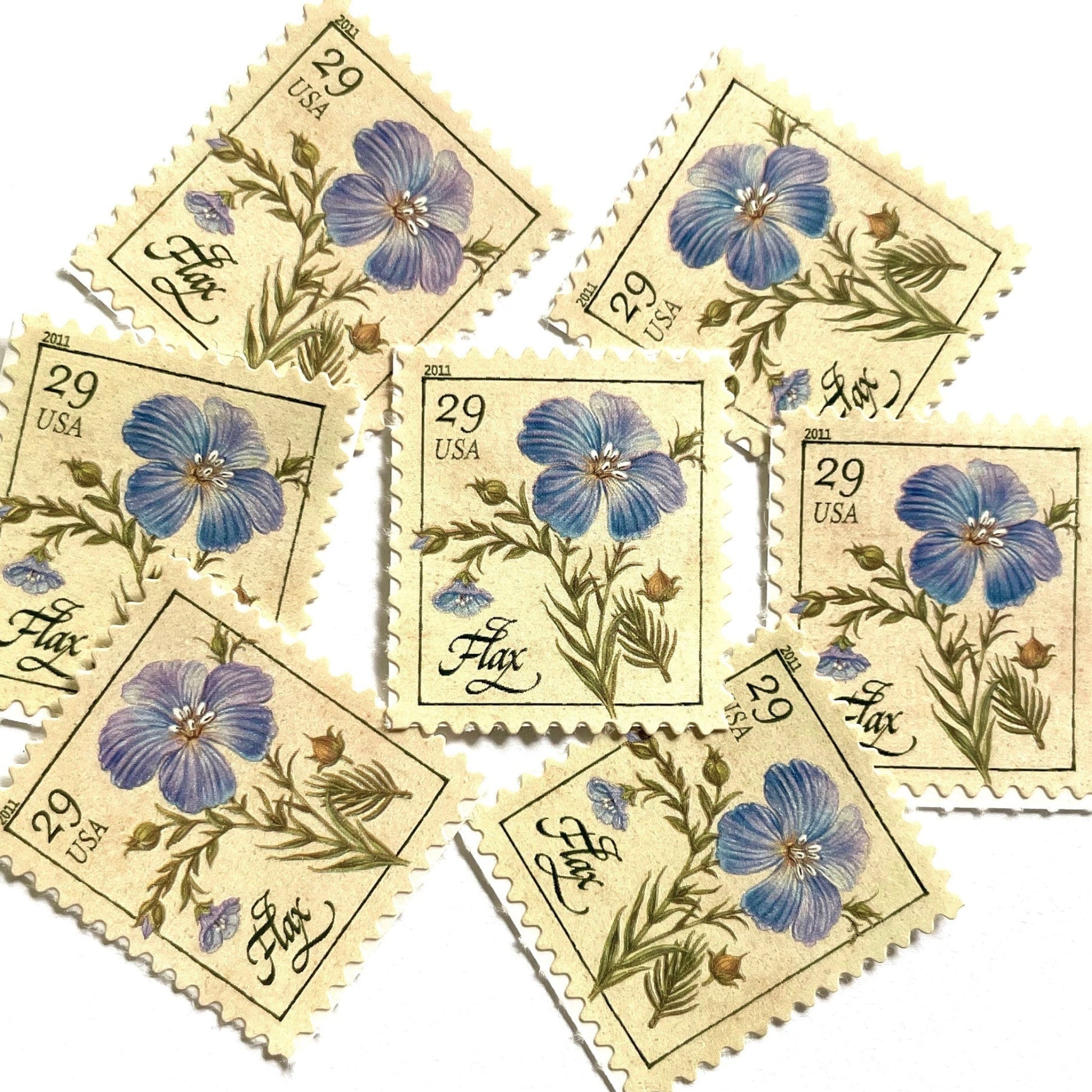 Image of 2011 Herbs Series “Flax” unused 29-cent USPS mail stamps. Scott #4506. Stamp Themes: Herbs, Medicinal, Culinary, Cooking, Flowers, Wildflowers, Floral, Botanical, Fragrant, Mediterranean. Blue, Green, Beige/Neutral, Multicolored self-adhesive postage stamp. Perfect postage stamp to use for save the date announcements, wedding invitation postage, shower invitations, birth announcements, thank you cards, valentine’s day, and snail mail.