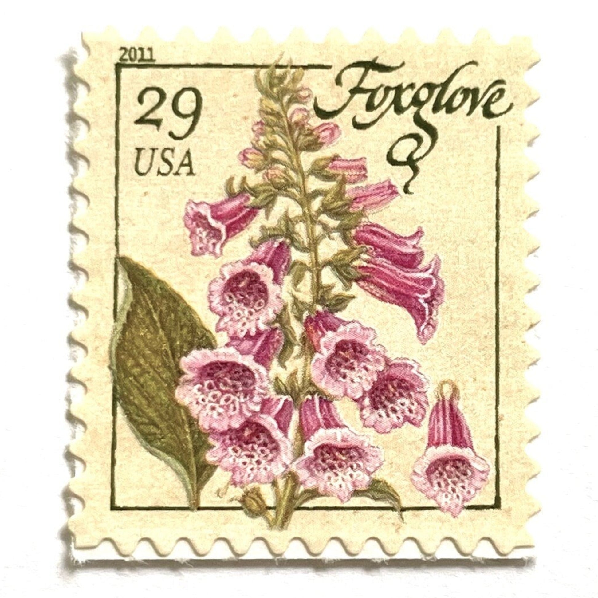 Image of 2011 Herbs Series “Foxglove” unused 29-cent USPS mail stamps. Scott #4507. Stamp Themes: Herbs, Medicinal, Culinary, Cooking, Flowers, Wildflowers, Floral, Botanical, Fragrant. Pink, Purple, Green, White, Beige/Neutral, Multicolored self-adhesive postage stamp. Perfect postage stamp to use for save the date announcements, wedding invitation postage, shower invitations, birth announcements, thank you cards, valentine’s day, and snail mail.