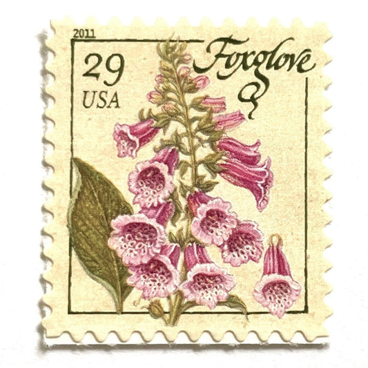 Image of 2011 Herbs Series “Foxglove” unused 29-cent USPS mail stamps. Scott #4507. Stamp Themes: Herbs, Medicinal, Culinary, Cooking, Flowers, Wildflowers, Floral, Botanical, Fragrant. Pink, Purple, Green, White, Beige/Neutral, Multicolored self-adhesive postage stamp. Perfect postage stamp to use for save the date announcements, wedding invitation postage, shower invitations, birth announcements, thank you cards, valentine’s day, and snail mail.
