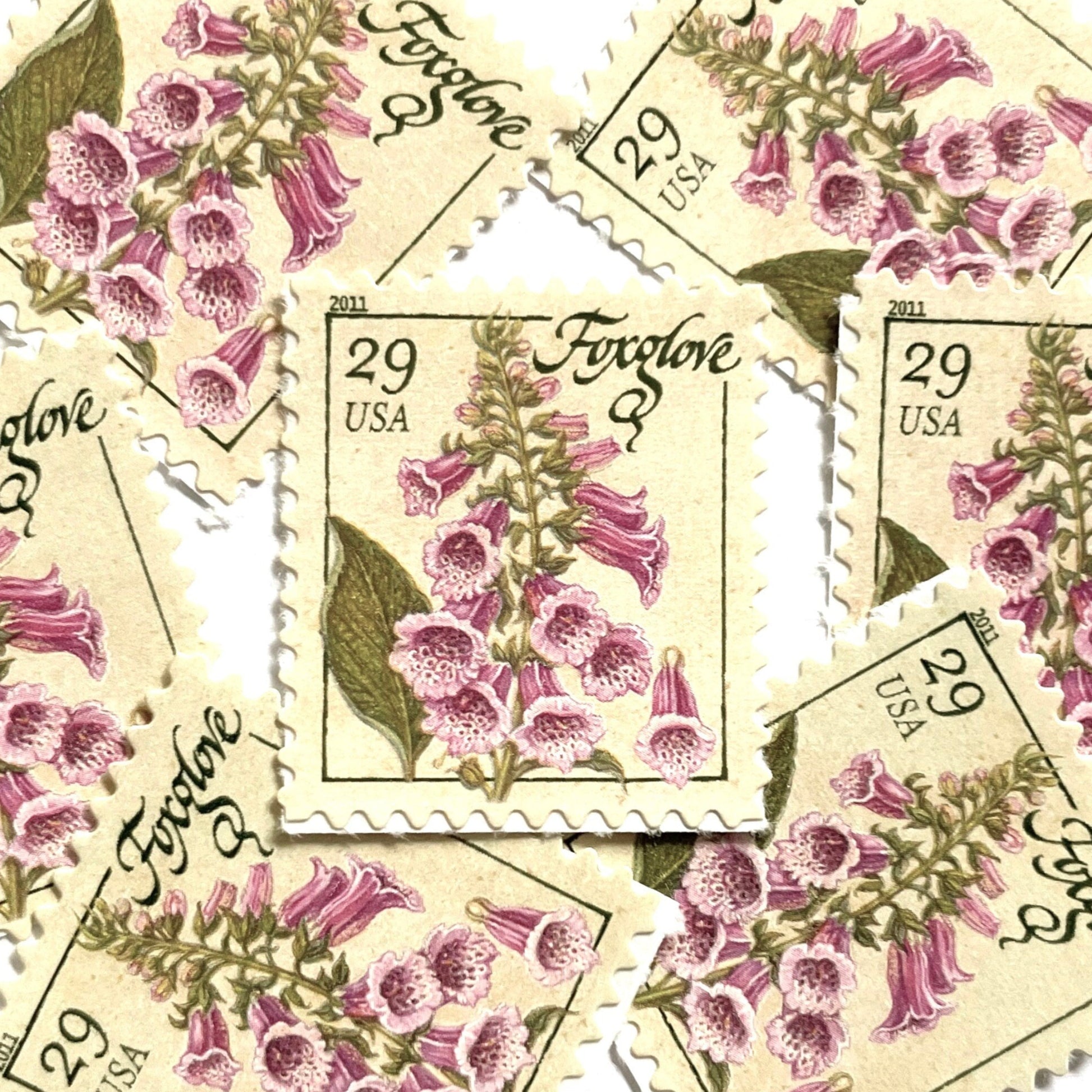 Image of 2011 Herbs Series “Foxglove” unused 29-cent USPS mail stamps. Scott #4507. Stamp Themes: Herbs, Medicinal, Culinary, Cooking, Flowers, Wildflowers, Floral, Botanical, Fragrant. Pink, Purple, Green, White, Beige/Neutral, Multicolored self-adhesive postage stamp. Perfect postage stamp to use for save the date announcements, wedding invitation postage, shower invitations, birth announcements, thank you cards, valentine’s day, and snail mail.