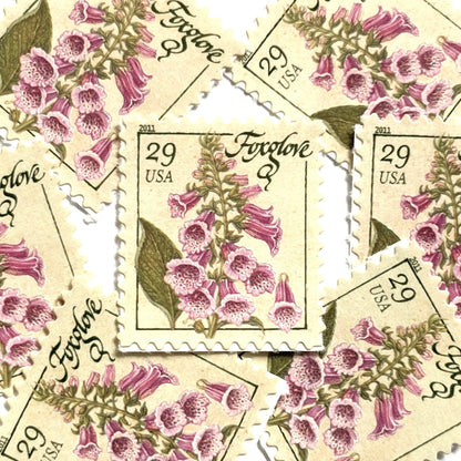 Image of 2011 Herbs Series “Foxglove” unused 29-cent USPS mail stamps. Scott #4507. Stamp Themes: Herbs, Medicinal, Culinary, Cooking, Flowers, Wildflowers, Floral, Botanical, Fragrant. Pink, Purple, Green, White, Beige/Neutral, Multicolored self-adhesive postage stamp. Perfect postage stamp to use for save the date announcements, wedding invitation postage, shower invitations, birth announcements, thank you cards, valentine’s day, and snail mail.