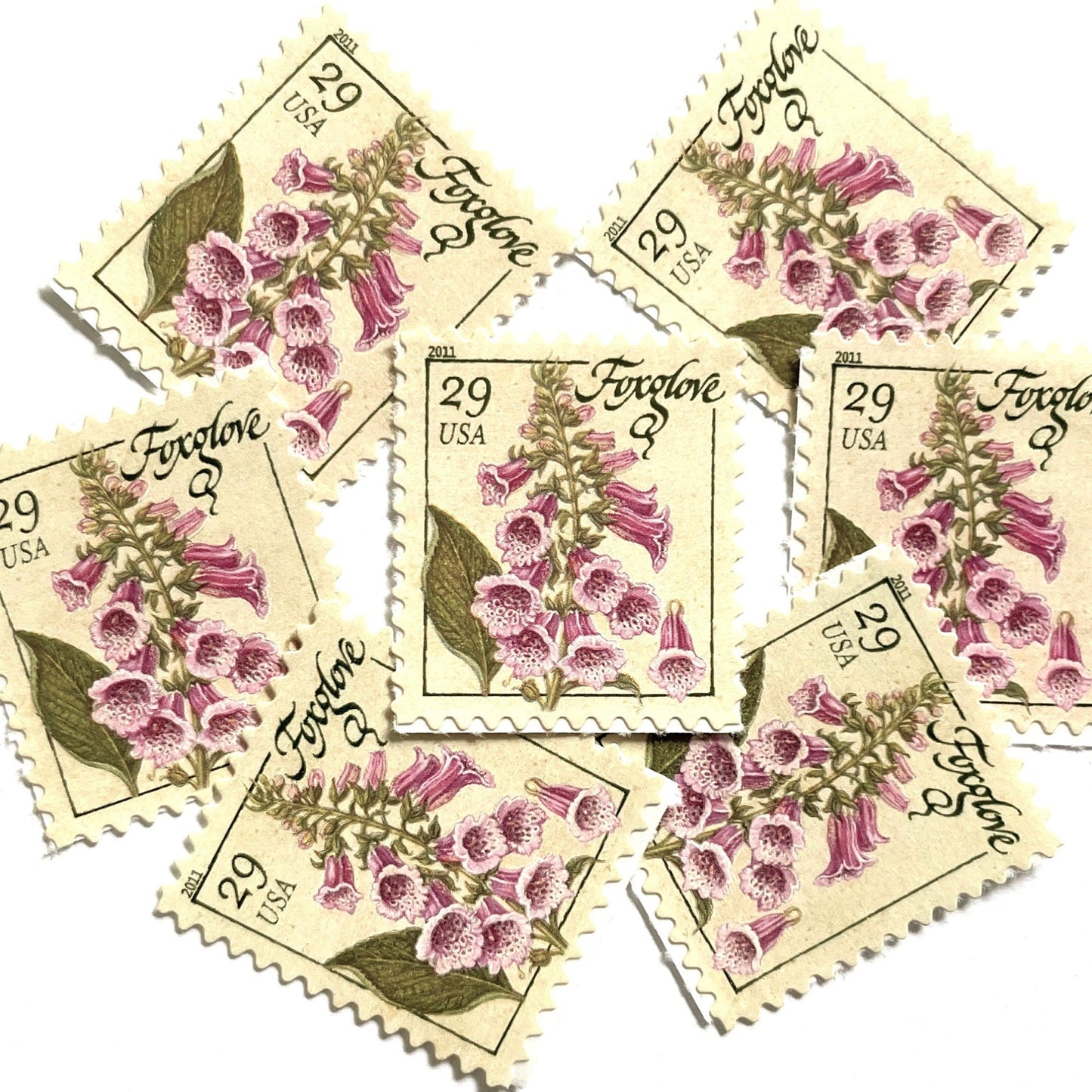 Image of 2011 Herbs Series “Foxglove” unused 29-cent USPS mail stamps. Scott #4507. Stamp Themes: Herbs, Medicinal, Culinary, Cooking, Flowers, Wildflowers, Floral, Botanical, Fragrant. Pink, Purple, Green, White, Beige/Neutral, Multicolored self-adhesive postage stamp. Perfect postage stamp to use for save the date announcements, wedding invitation postage, shower invitations, birth announcements, thank you cards, valentine’s day, and snail mail.