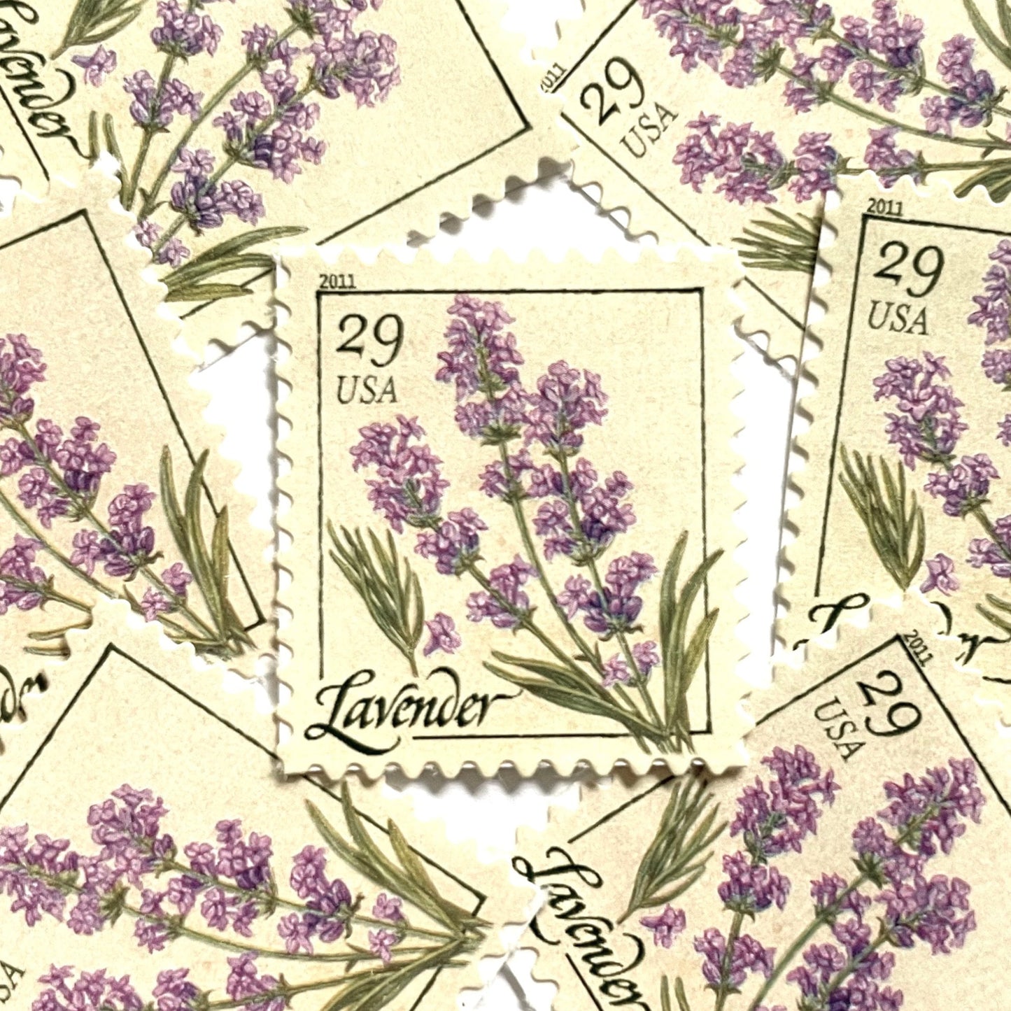Image of 2011 Herbs Series “Lavender” unused 29-cent USPS mail stamps. Scott #4508. Stamp Themes: Herbs, Medicinal, Culinary, Cooking, Flowers, Wildflowers, Floral, Botanical, Fragrant, Mediterranean. Purple, Violet, Green, Beige/Neutral, Multicolored self-adhesive postage stamp. Perfect postage stamp to use for save the date announcements, wedding invitation postage, shower invitations, birth announcements, thank you cards, valentine’s day, and snail mail.
