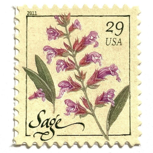 Image of 2011 Herbs Series “Sage” unused 29-cent USPS mail stamps. Scott #4509. Stamp Themes: Herbs, Medicinal, Culinary, Cooking, Flowers, Wildflowers, Floral, Botanical, Fragrant, Mediterranean. Pink, Purple, Violet, Green, White, Beige/Neutral, Multicolored self-adhesive postage stamp. Perfect postage stamp to use for save the date announcements, wedding invitation postage, shower invitations, birth announcements, thank you cards, valentine’s day, and snail mail.