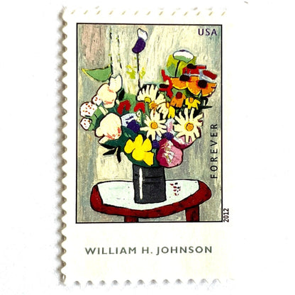 Image of 2012 American Treasures series “William H. Johnson” (Flowers Painting) unused 41-cent vintage USPS mail stamps. Scott #4653. Stamp Themes: Flowers, Floral, Botanical, Flowers in Vase Painting, African American Art. Yellow, Orange, Green, Multicolored self-adhesive postage stamp. Perfect postage stamp to use for save the date announcements, wedding invitation postage, bridal shower invitations, birth announcements, thank you cards, valentine’s day, and snail mail.