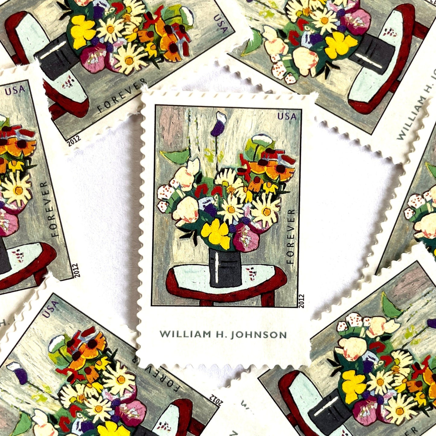 Image of 2012 American Treasures series “William H. Johnson” (Flowers Painting) unused 41-cent vintage USPS mail stamps. Scott #4653. Stamp Themes: Flowers, Floral, Botanical, Flowers in Vase Painting, African American Art. Yellow, Orange, Green, Multicolored self-adhesive postage stamp. Perfect postage stamp to use for save the date announcements, wedding invitation postage, bridal shower invitations, birth announcements, thank you cards, valentine’s day, and snail mail.